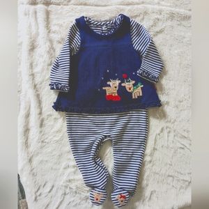 Le Top Ribbed Footed Embroidered Reindeer 2-pc Navy White Set 9m nwot